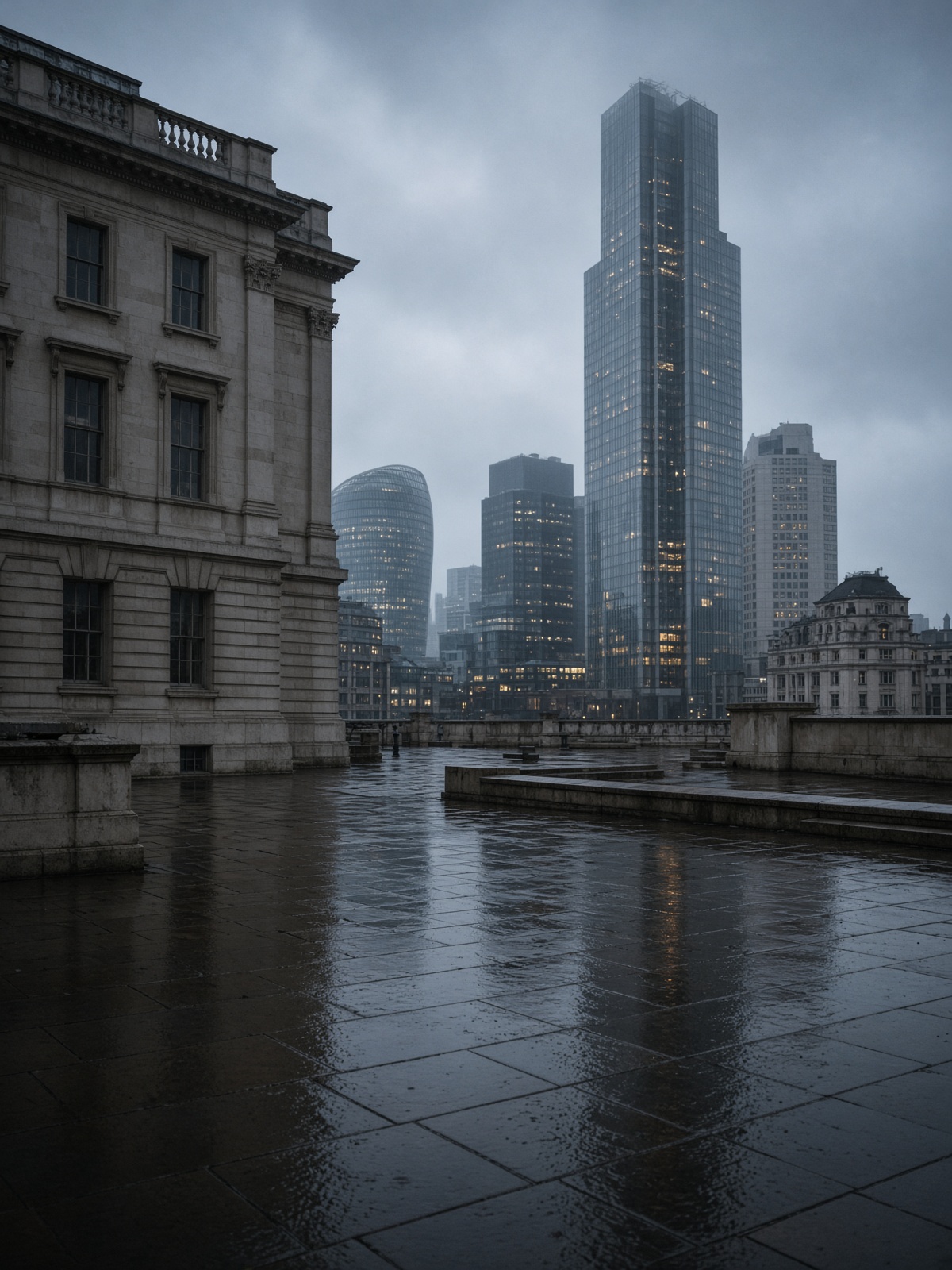 The City of London at dusk after rain.