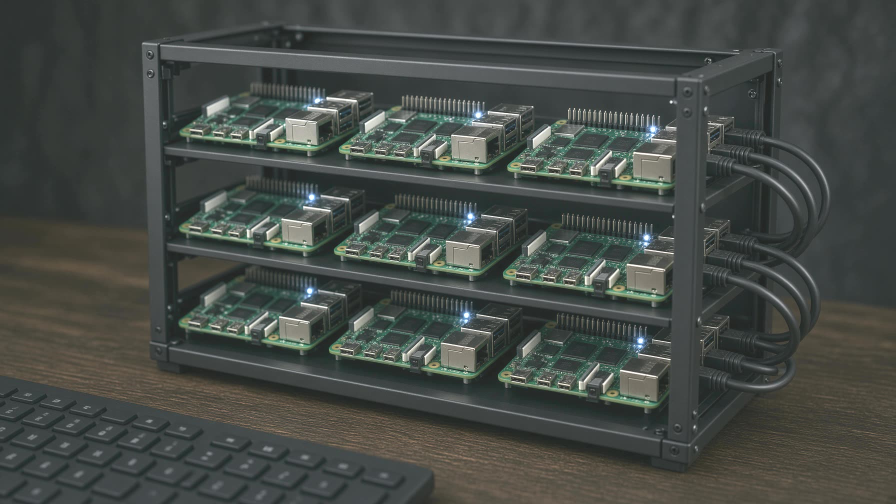 Raspberry Pi cluster on a desk.
